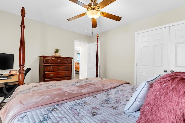 bedroom with ceiling fan and a closet