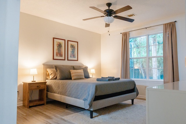 bedroom featuring ceiling fan and light hardwood / wood-style floors