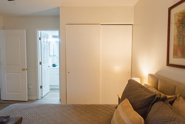 bedroom featuring ensuite bath and a closet