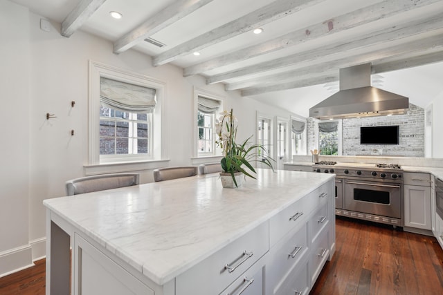 kitchen featuring light stone countertops, island range hood, a center island, visible vents, and double oven range