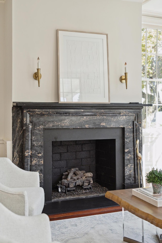 interior details featuring a high end fireplace