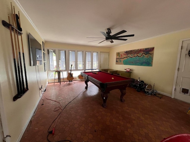 game room featuring crown molding, pool table, and ceiling fan