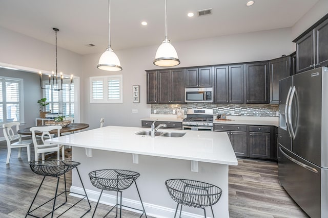 kitchen featuring sink, hanging light fixtures, stainless steel appliances, a center island with sink, and decorative backsplash