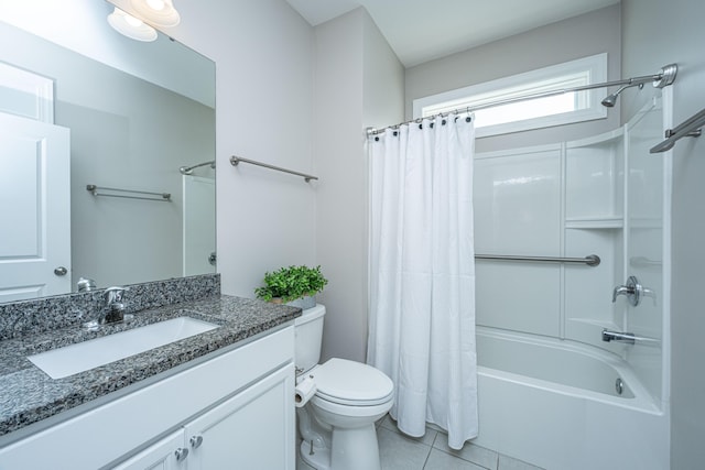 full bathroom featuring toilet, tile patterned floors, shower / bathtub combination with curtain, and vanity