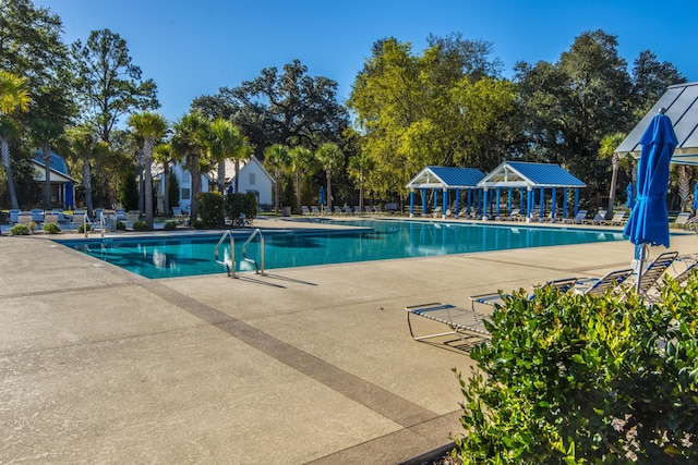 view of swimming pool featuring a patio area