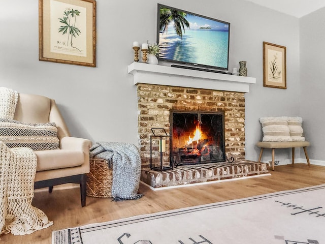 sitting room with wood finished floors and a fireplace