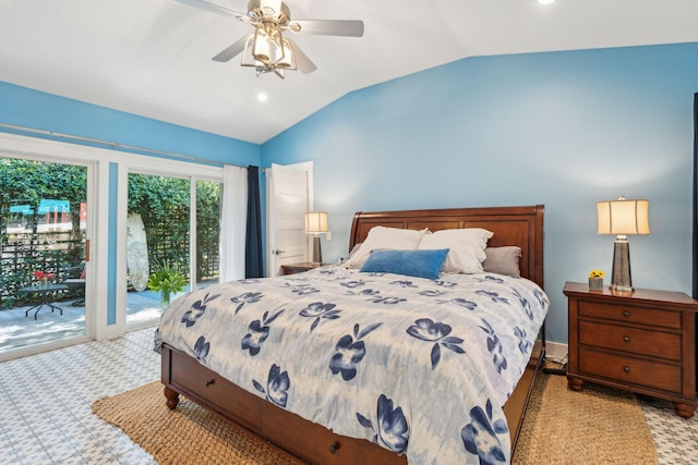 bedroom with ceiling fan, access to outside, and vaulted ceiling