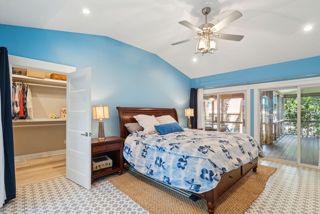 bedroom with access to exterior, light wood-type flooring, vaulted ceiling, and ceiling fan