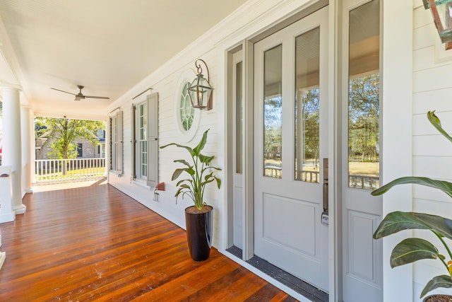 property entrance featuring a ceiling fan