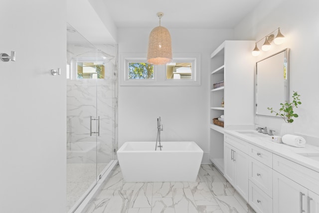 full bathroom featuring double vanity, a marble finish shower, a soaking tub, marble finish floor, and a sink