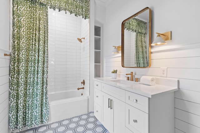 full bath featuring shower / tub combo, vanity, and tile patterned floors