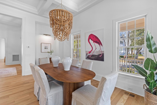 dining space featuring visible vents, coffered ceiling, beamed ceiling, light wood-type flooring, and a chandelier