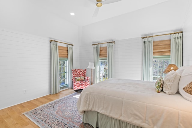 bedroom featuring recessed lighting, ceiling fan, and wood finished floors