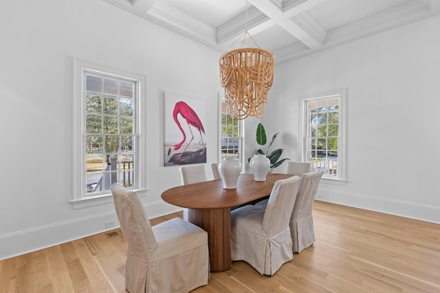 dining area with light wood-type flooring, baseboards, coffered ceiling, and a notable chandelier