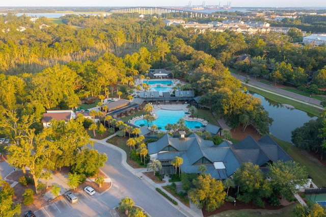 birds eye view of property featuring a water view