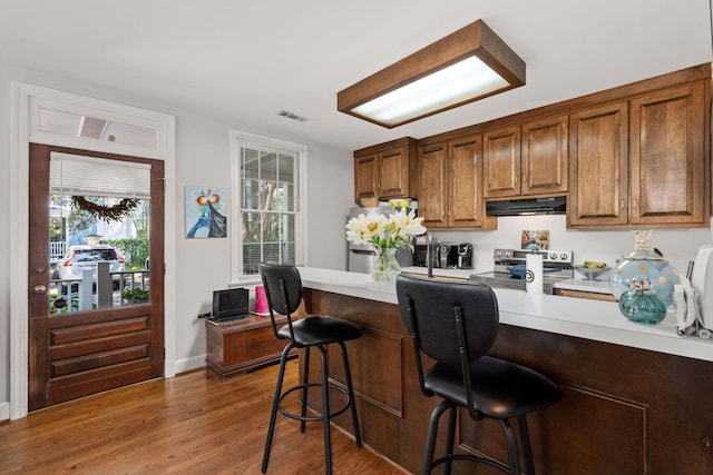 kitchen featuring a healthy amount of sunlight, dark wood-type flooring, a breakfast bar area, and stainless steel appliances