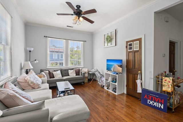 living room with dark hardwood / wood-style floors, ceiling fan, and ornamental molding