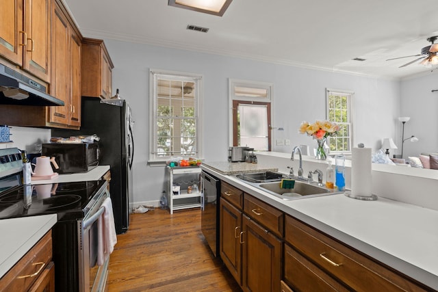 kitchen featuring ceiling fan, crown molding, dark wood-type flooring, sink, and appliances with stainless steel finishes