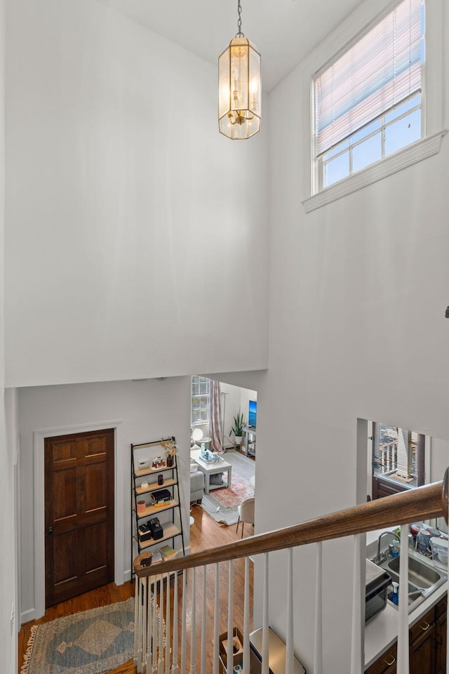 entrance foyer featuring an inviting chandelier and wood-type flooring