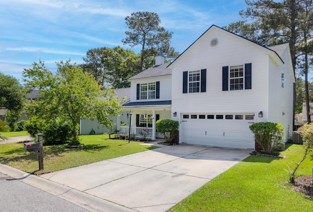 207 Breckingridge Dr, Ladson, SC 29456 - traditional-style home featuring covered porch, driveway, a front lawn, a garage, and a chimney