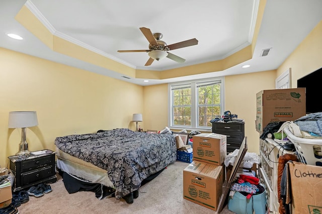 213 Travelers Rest Blvd, Summerville, SC 29485 - carpeted bedroom with visible vents, a tray ceiling, crown molding, and a ceiling fan