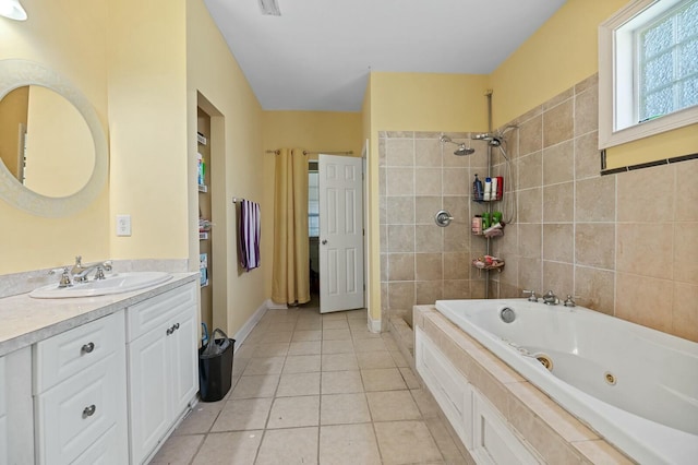 213 Travelers Rest Blvd, Summerville, SC 29485 - bathroom with a tile shower, tile patterned floors, vanity, and a whirlpool tub