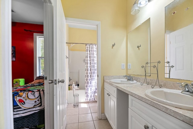 213 Travelers Rest Blvd, Summerville, SC 29485 - bathroom featuring tile patterned floors, double vanity, shower / bath combination with curtain, and a sink