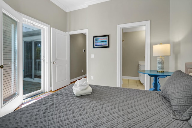 bedroom featuring access to outside, light tile patterned flooring, and crown molding