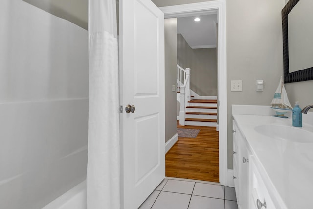 bathroom featuring vanity, tile patterned floors, and a shower with shower curtain