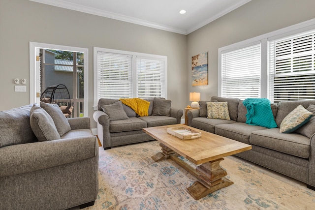 living room with ornamental molding and a wealth of natural light