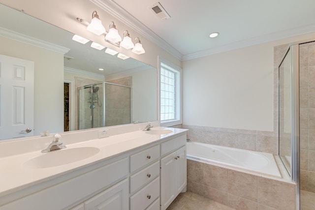 full bath featuring a shower stall, a bath, double vanity, ornamental molding, and tile patterned flooring
