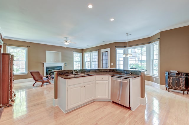 kitchen featuring stainless steel dishwasher, a fireplace, a sink, light wood-style flooring, and ceiling fan