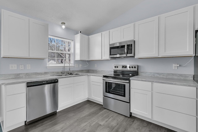 kitchen featuring light countertops, lofted ceiling, appliances with stainless steel finishes, white cabinetry, and a sink