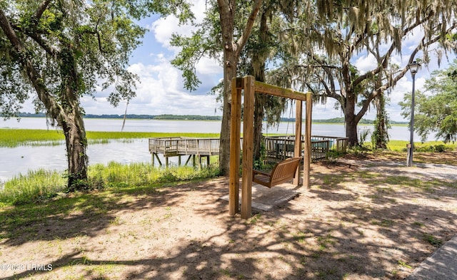 exterior space with a water view