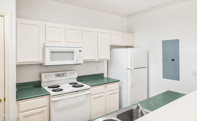 kitchen with white appliances, electric panel, and white cabinets