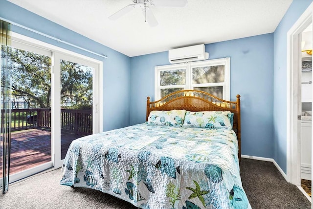 7897 Russell Creek Dr, Edisto Island, SC 29438 - carpeted bedroom featuring a wall unit AC, access to exterior, multiple windows, and a ceiling fan