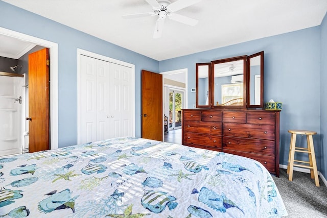 7897 Russell Creek Dr, Edisto Island, SC 29438 - bedroom featuring a wall mounted air conditioner, a closet, carpet floors, ceiling fan, and baseboards