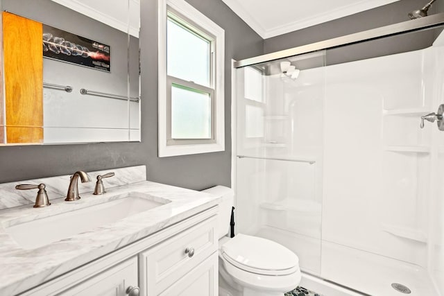 7897 Russell Creek Dr, Edisto Island, SC 29438 - bathroom with a shower stall, ornamental molding, toilet, and vanity