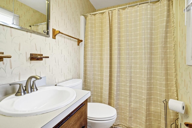 7897 Russell Creek Dr, Edisto Island, SC 29438 - bathroom with wallpapered walls, toilet, vanity, and a shower with curtain
