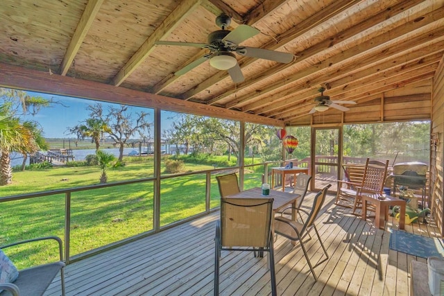 7897 Russell Creek Dr, Edisto Island, SC 29438 - sunroom / solarium with a water view, ceiling fan, and lofted ceiling