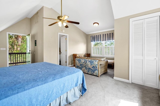 7897 Russell Creek Dr, Edisto Island, SC 29438 - bedroom featuring lofted ceiling, multiple windows, carpet floors, baseboards, and ceiling fan
