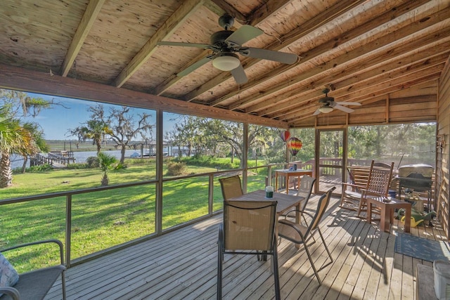 7897 Russell Creek Dr, Edisto Island, SC 29438 - sunroom with a water view, a ceiling fan, vaulted ceiling, and healthy amount of natural light