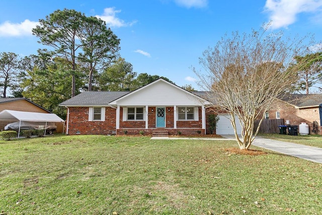 single story home with a front yard, a garage, a carport, and covered porch