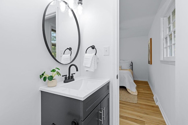 bathroom with wood-type flooring, vanity, and plenty of natural light