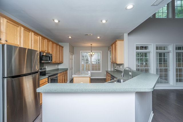1629 Jorrington St, Mount Pleasant, SC 29466 - kitchen with appliances with stainless steel finishes, a kitchen island, a chandelier, dark wood-type flooring, and a peninsula