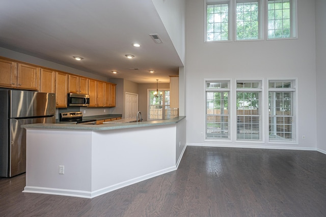1629 Jorrington St, Mount Pleasant, SC 29466 - kitchen featuring stainless steel appliances, dark wood finished floors, brown cabinetry, recessed lighting, and a peninsula