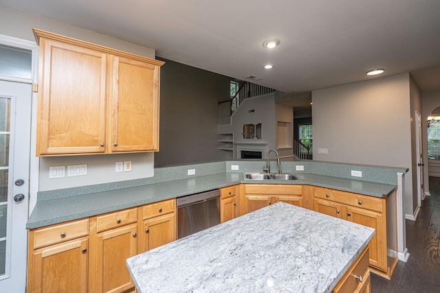 1629 Jorrington St, Mount Pleasant, SC 29466 - kitchen with dishwasher, a peninsula, light countertops, recessed lighting, and dark wood-type flooring