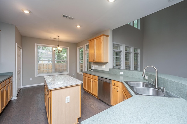 1629 Jorrington St, Mount Pleasant, SC 29466 - kitchen featuring dishwasher, dark wood finished floors, a chandelier, a center island, and recessed lighting