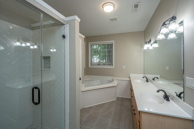 1629 Jorrington St, Mount Pleasant, SC 29466 - bathroom featuring a garden tub, double vanity, a stall shower, and tile patterned floors