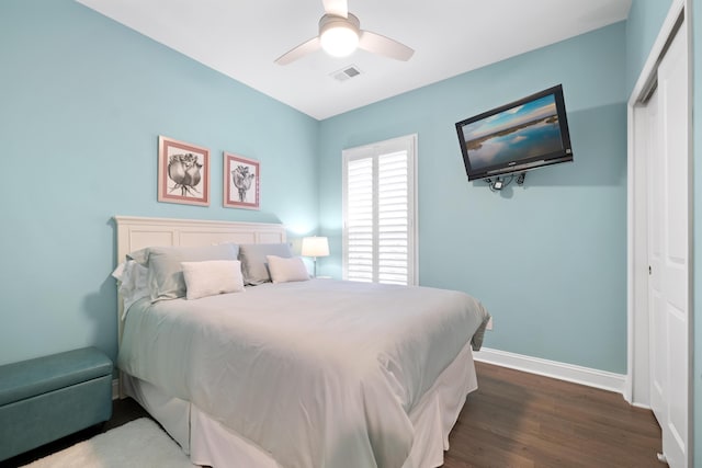 bedroom featuring wood-type flooring and ceiling fan